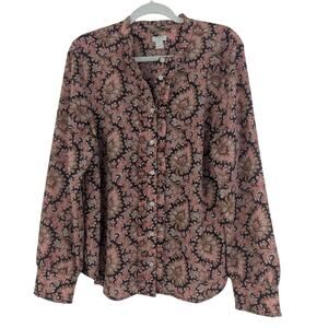 J Crew Womens Lightweight Paisley Ruffle Button Front Long Sleeve Blouse Size XL
